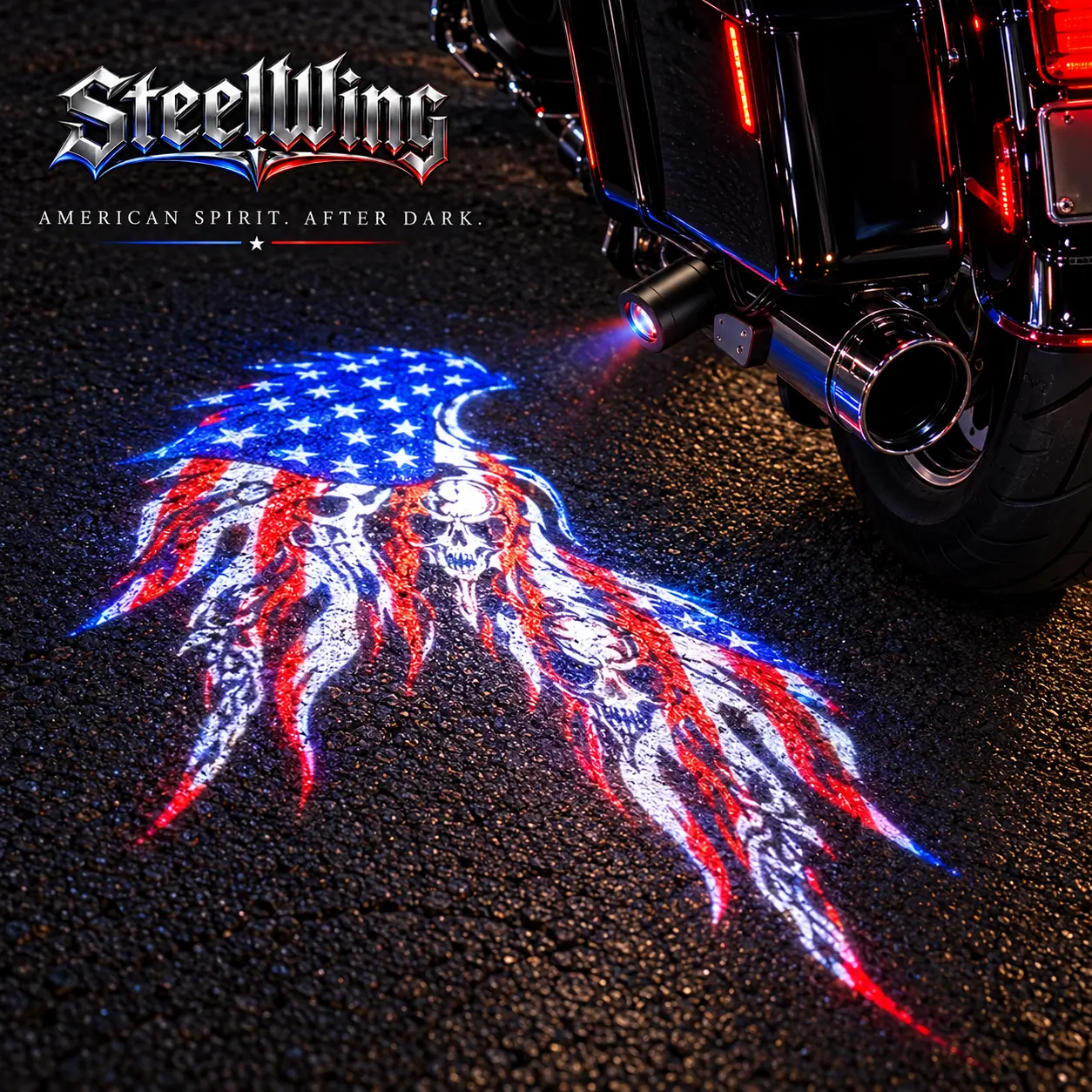 SteelWing motorcycle projector casting American flag wings and a skull onto the ground