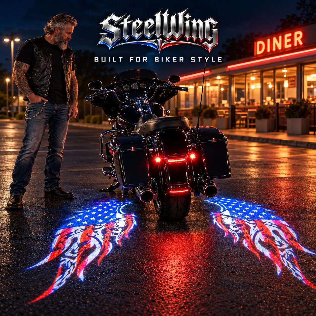 Parked motorcycle outside an American diner with SteelWing flag wing projections