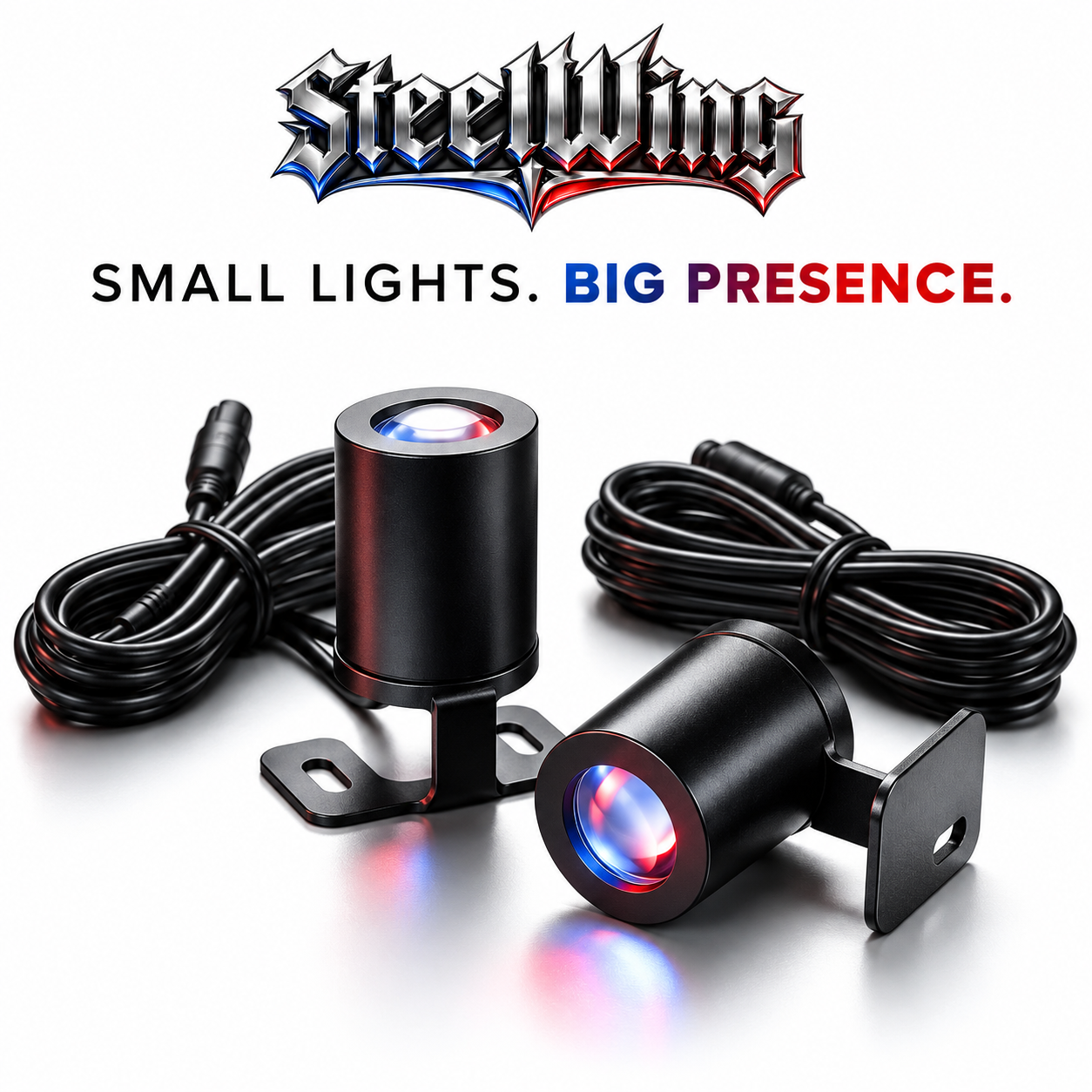 SteelWing pair of black cylindrical projectors with cables and mounting brackets
