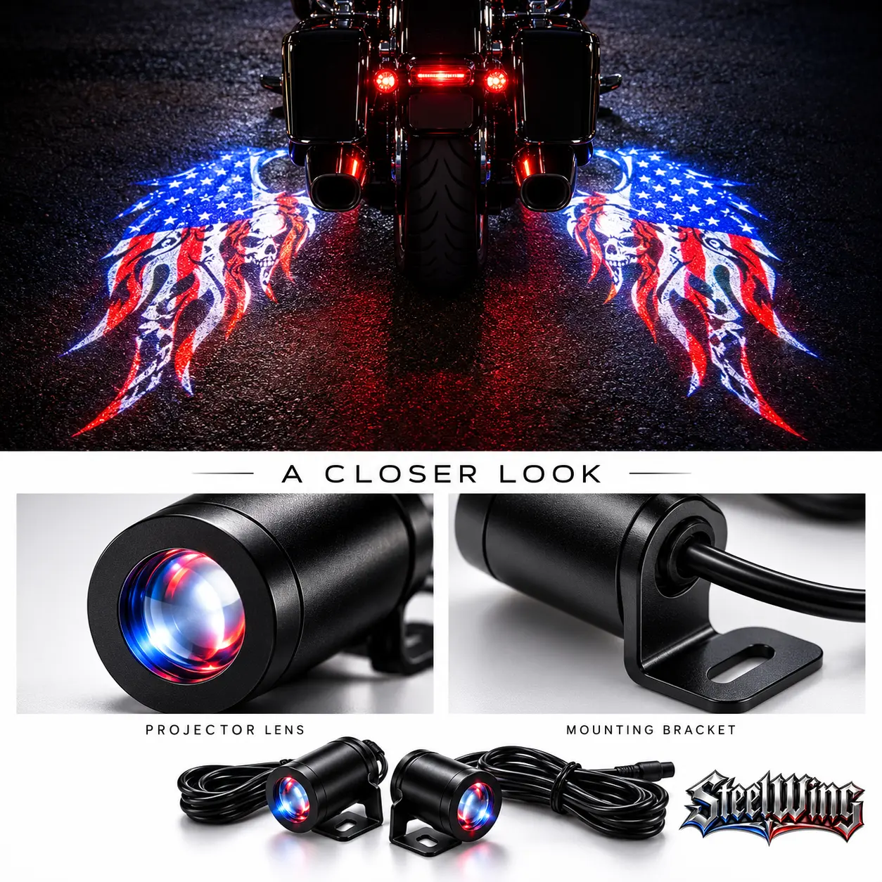 SteelWing projector lens, mounting bracket and American flag wing projection